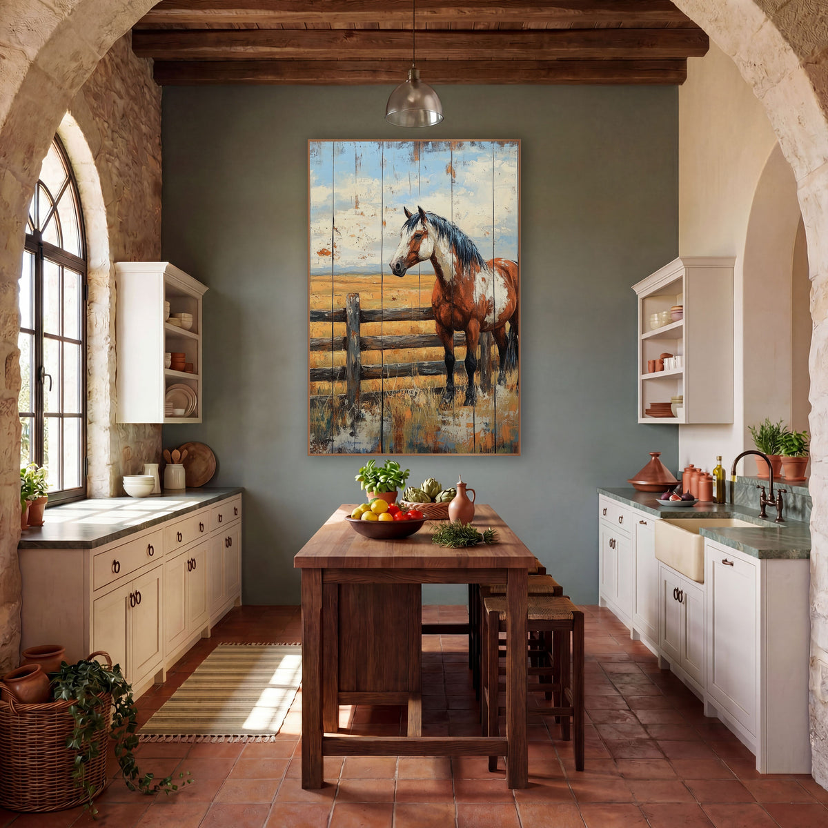 Paint Horse Plank Prairie Painterly wall art in a rustic western-style room – brown and white paint horse standing
