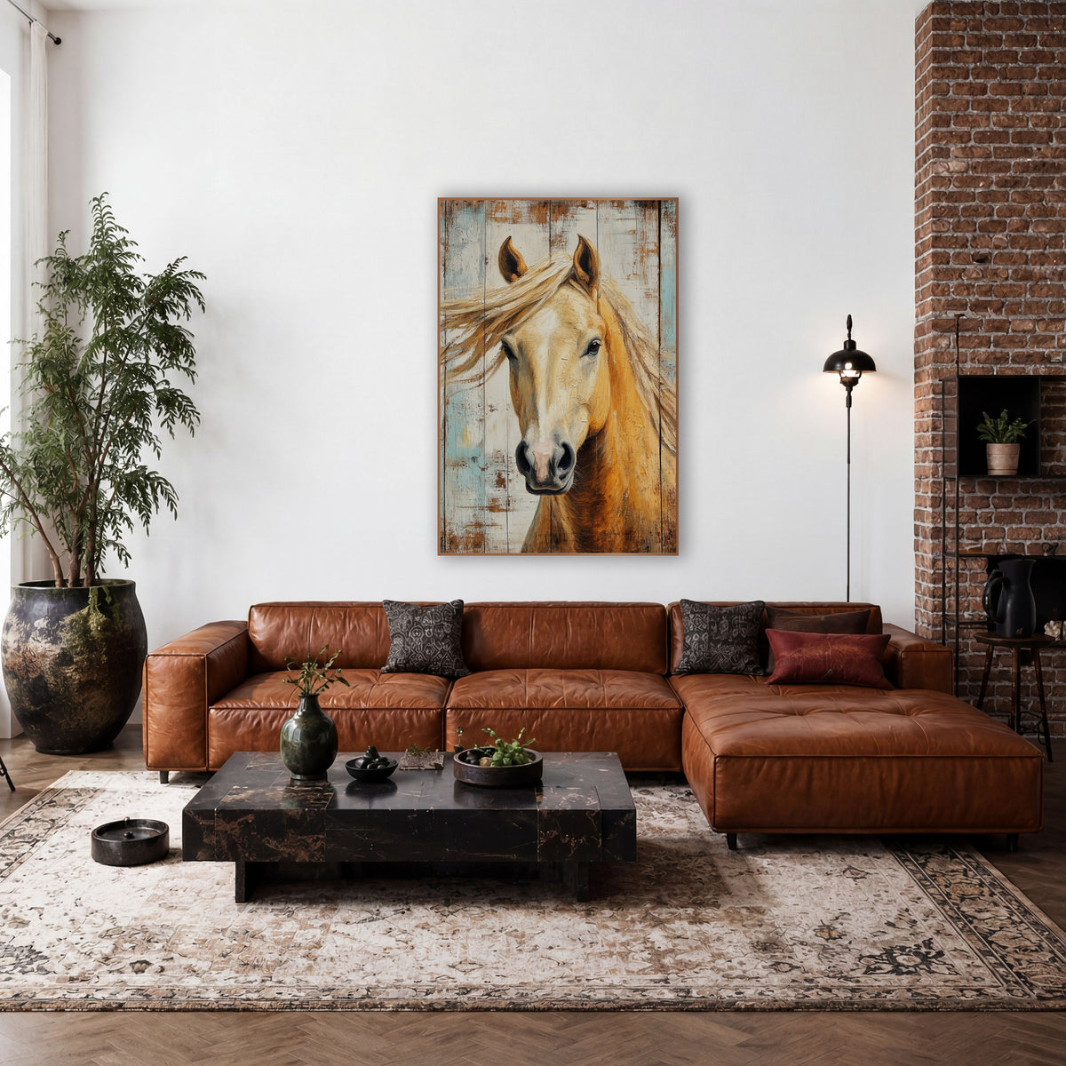 Palomino Horse Portrait Rustic Western wall art in a rustic western-style room – palomino horse portrait