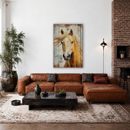 Palomino Horse Portrait Rustic Western wall art in a rustic western-style room – palomino horse portrait