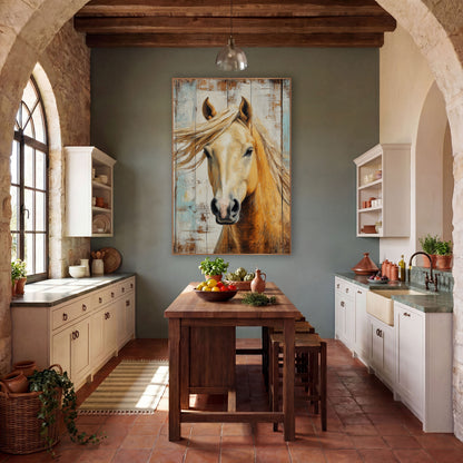 Palomino Horse Portrait Rustic Western wall art in a rustic western-style room – palomino horse portrait