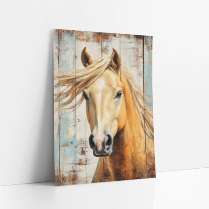 Palomino Horse Portrait Rustic Western art print leaning against a white wall – palomino horse portrait with windswept pale