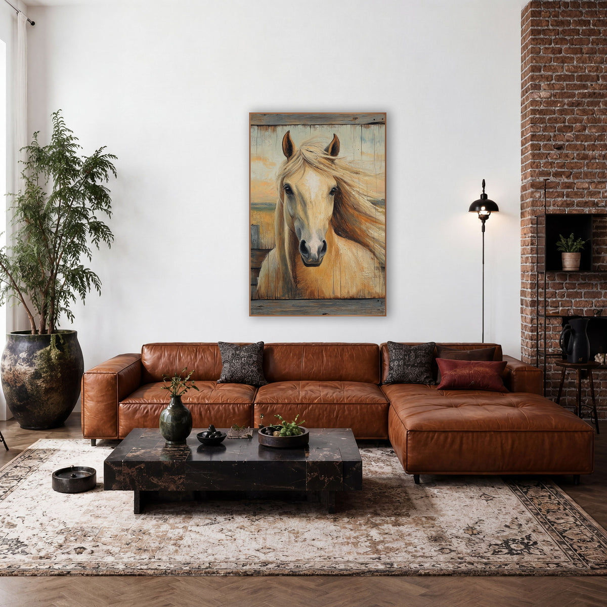 Palomino Fence Post Sunrise Rustic wall art in a rustic western-style room – cream palomino horse with flowing mane