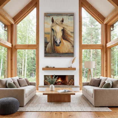 Palomino Fence Post Sunrise Rustic wall art in a rustic western-style room – cream palomino horse with flowing mane