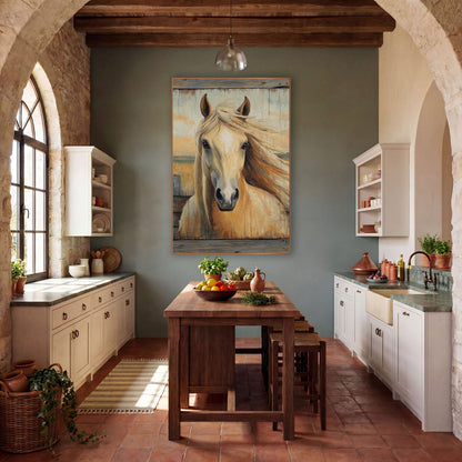 Palomino Fence Post Sunrise Rustic wall art in a rustic western-style room – cream palomino horse with flowing mane