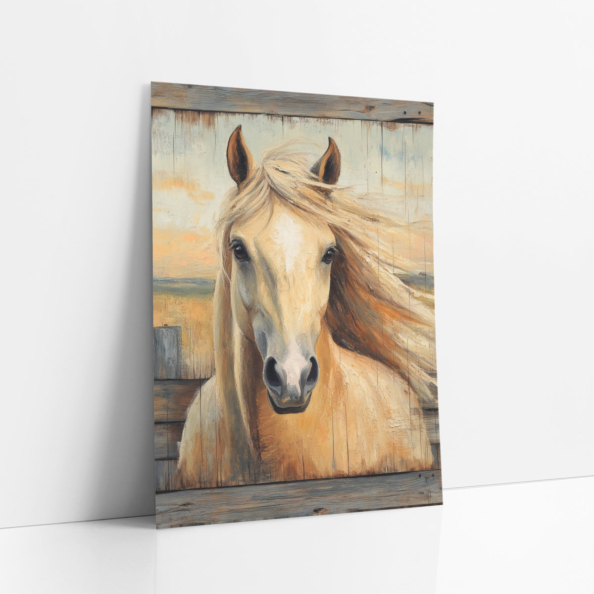 Palomino Fence Post Sunrise Rustic art print leaning against a white wall – cream palomino horse with flowing mane facing