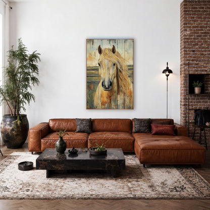 Palomino Green Pasture Planks Rustic wall art in a rustic western-style room – palomino horse portrait with flowing