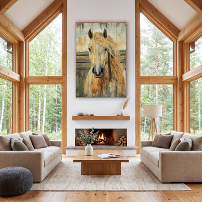 Palomino Green Pasture Planks Rustic wall art in a rustic western-style room – palomino horse portrait with flowing