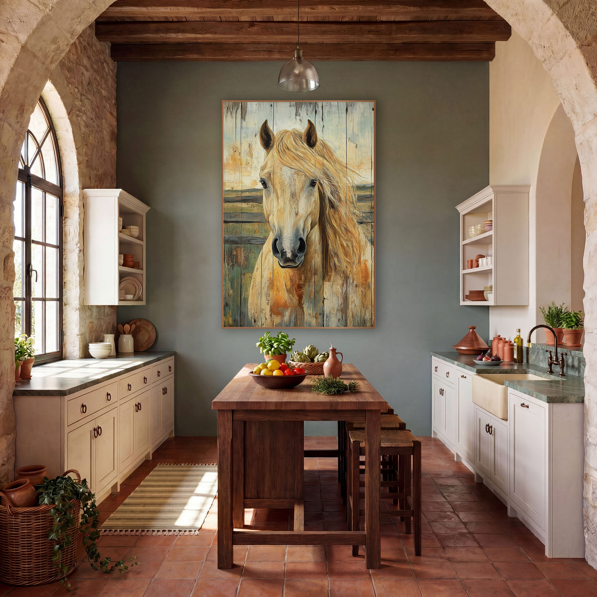 Palomino Green Pasture Planks Rustic wall art in a rustic western-style room – palomino horse portrait with flowing