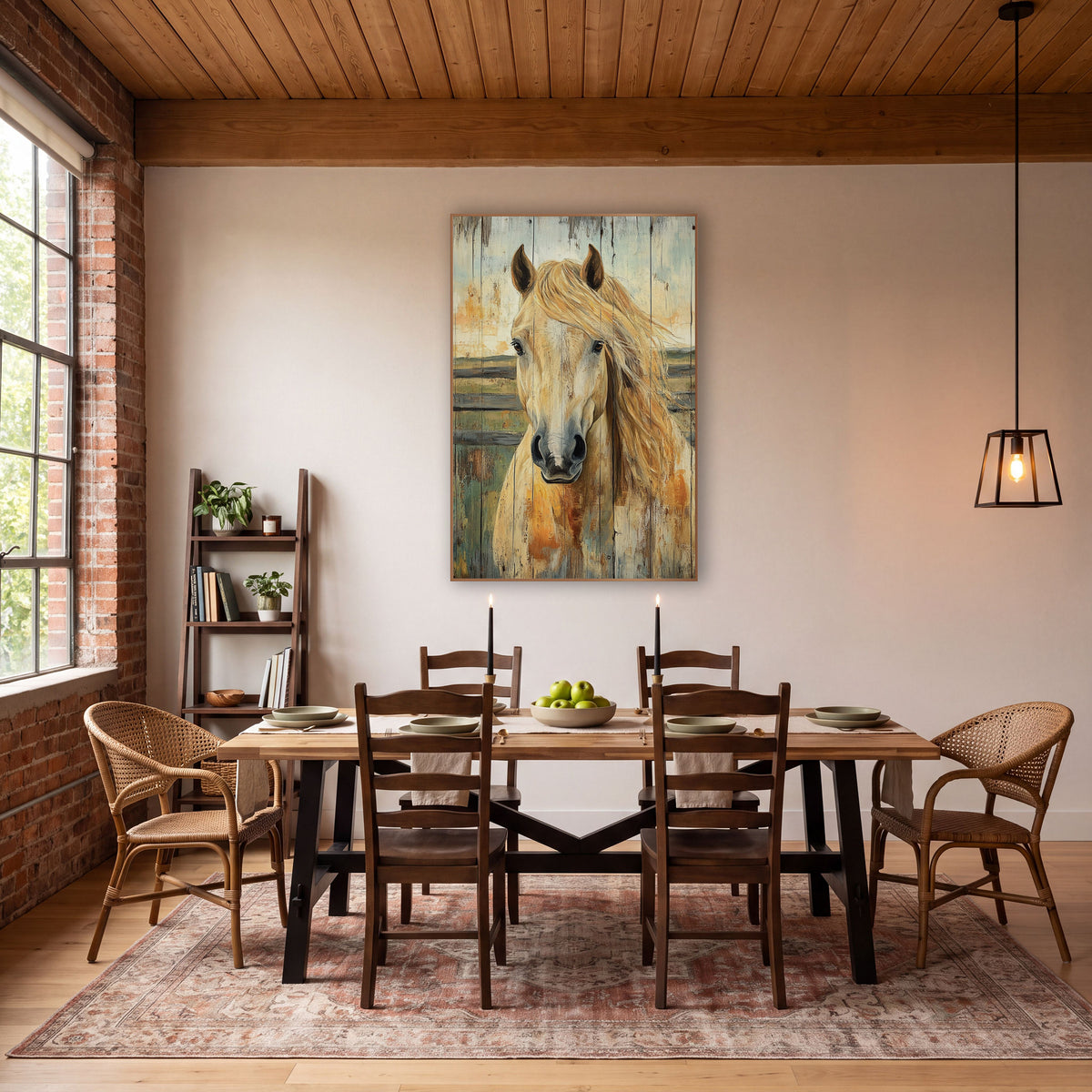 Palomino Green Pasture Planks Rustic wall art in a rustic western-style room – palomino horse portrait with flowing
