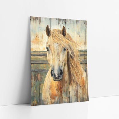 Palomino Green Pasture Planks Rustic art print leaning against a white wall – palomino horse portrait with flowing golden