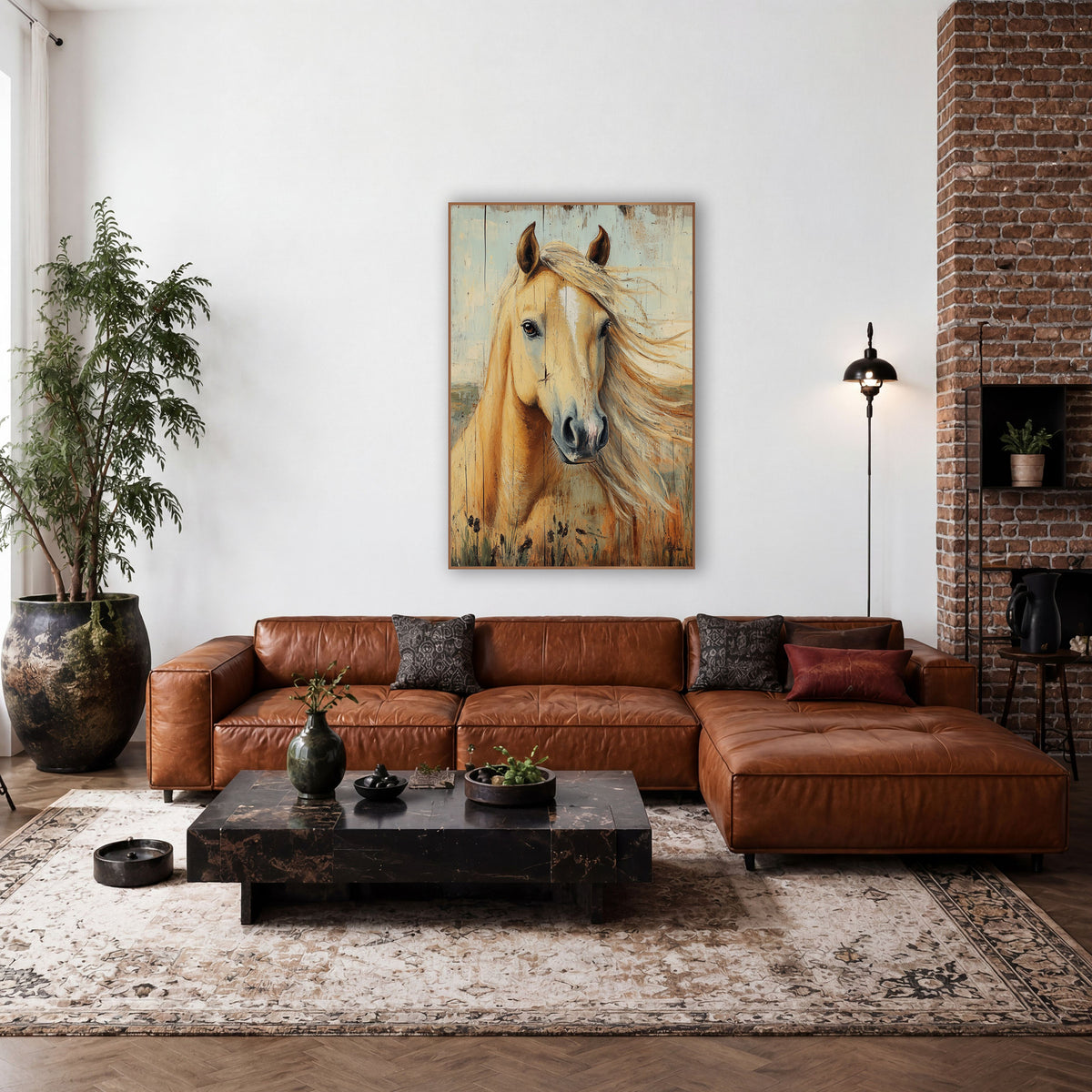Golden Palomino Horse Portrait Western wall art in a rustic western-style room – palomino horse portrait with flowing