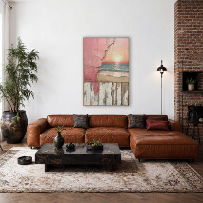 Pink Sunset Beach Peeling Plaster wall art in a rustic western-style room – pink sunset over blue-green waves