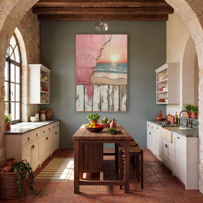 Pink Sunset Beach Peeling Plaster wall art in a rustic western-style room – pink sunset over blue-green waves