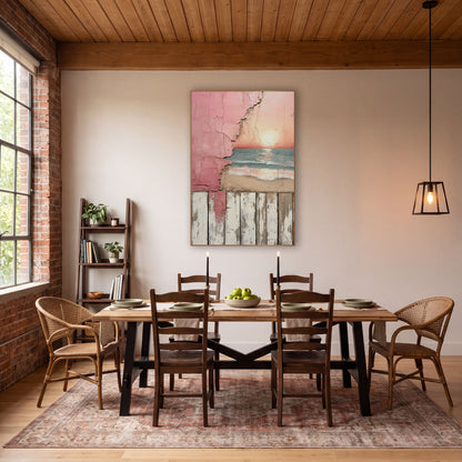 Pink Sunset Beach Peeling Plaster wall art in a rustic western-style room – pink sunset over blue-green waves
