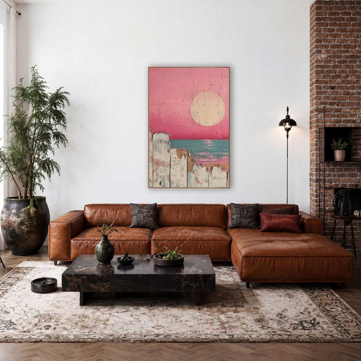 Pink Sky Seaside Fence Coastal wall art in a rustic western-style room – pale round sun in a hot pink sky over a teal