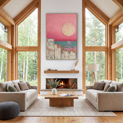 Pink Sky Seaside Fence Coastal wall art in a rustic western-style room – pale round sun in a hot pink sky over a teal
