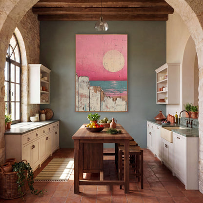 Pink Sky Seaside Fence Coastal wall art in a rustic western-style room – pale round sun in a hot pink sky over a teal