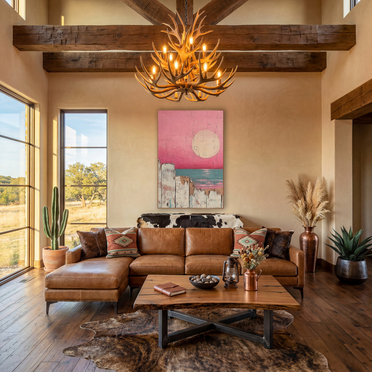 Pink Sky Seaside Fence Coastal wall art in a rustic western-style room – pale round sun in a hot pink sky over a teal