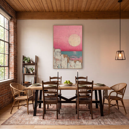 Pink Sky Seaside Fence Coastal wall art in a rustic western-style room – pale round sun in a hot pink sky over a teal
