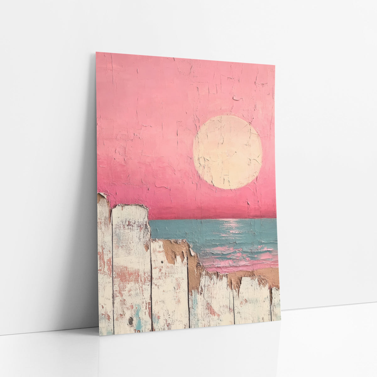 Pink Sky Seaside Fence Coastal art print leaning against a white wall – pale round sun in a hot pink sky over a teal sea