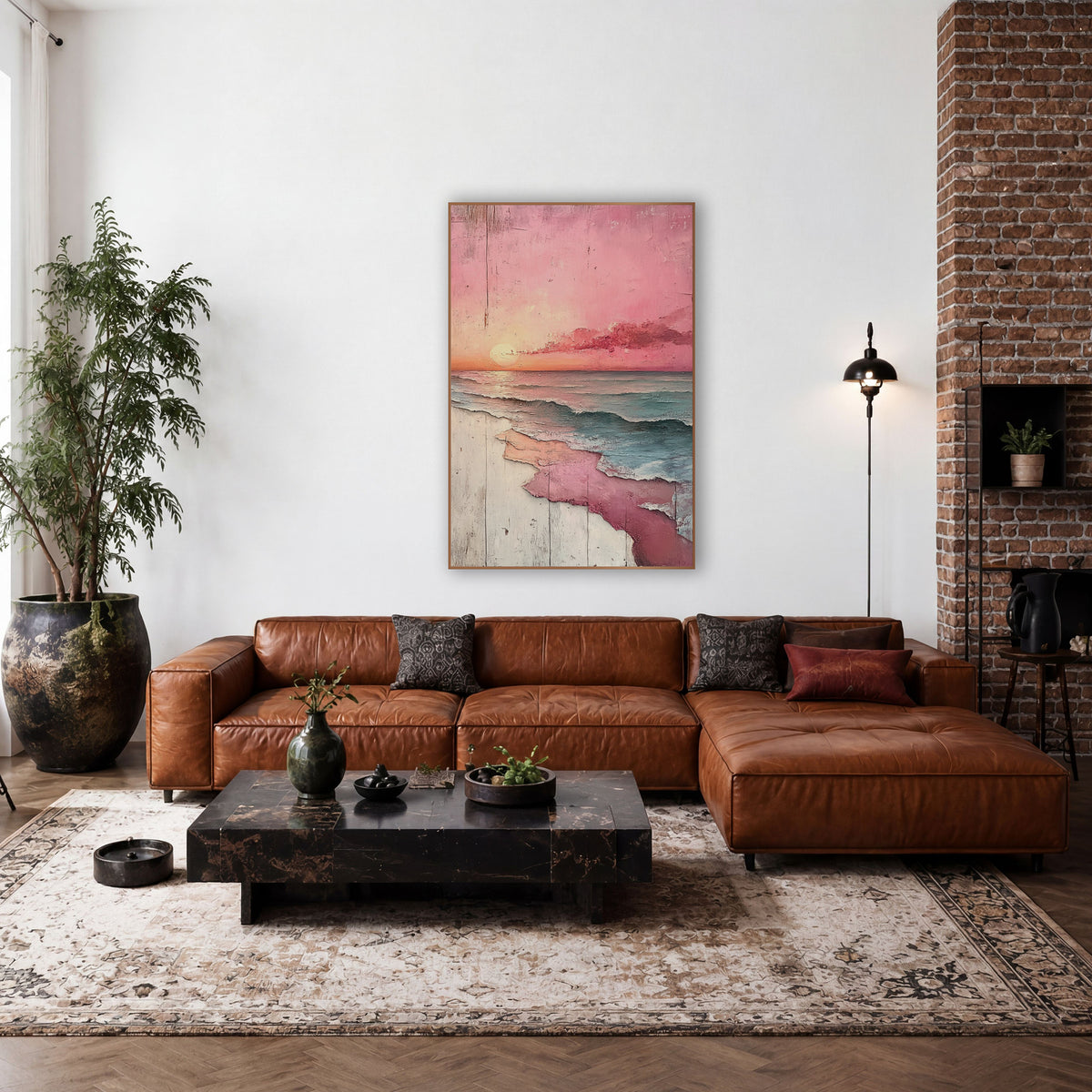 Blush Pink Sunset Seascape Coastal wall art in a rustic western-style room – pink sunset over teal ocean waves