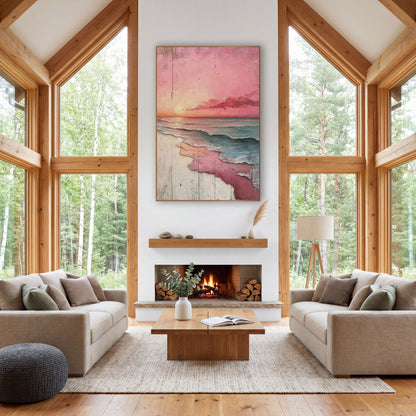 Blush Pink Sunset Seascape Coastal wall art in a rustic western-style room – pink sunset over teal ocean waves