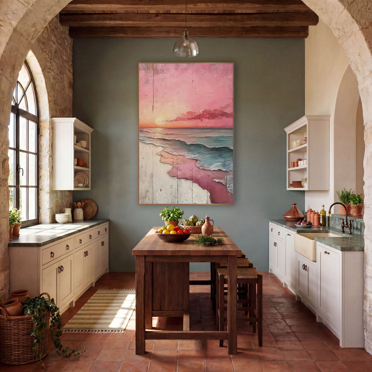 Blush Pink Sunset Seascape Coastal wall art in a rustic western-style room – pink sunset over teal ocean waves