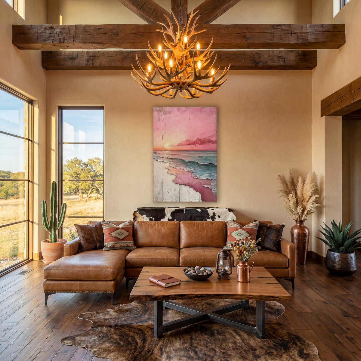 Blush Pink Sunset Seascape Coastal wall art in a rustic western-style room – pink sunset over teal ocean waves