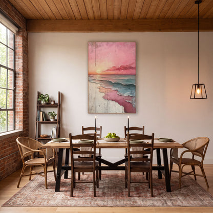 Blush Pink Sunset Seascape Coastal wall art in a rustic western-style room – pink sunset over teal ocean waves
