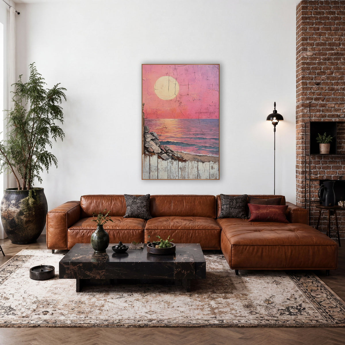 Pink Sun Over Sea Coastal Rustic wall art in a rustic western-style room – large pale sun in a pink sky over a calm
