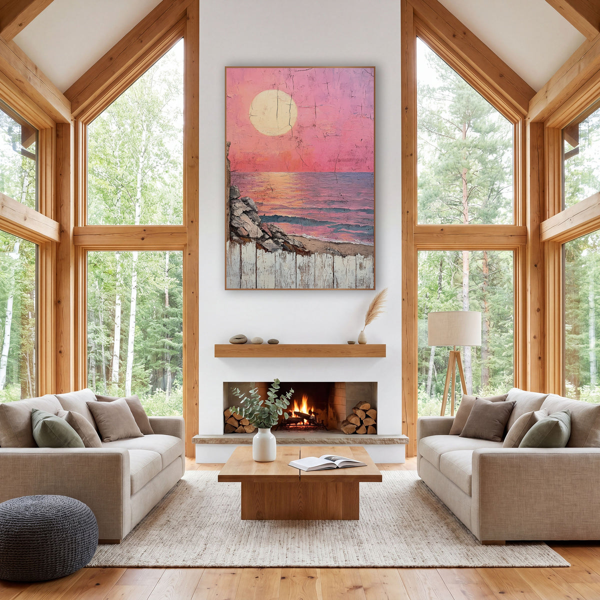 Pink Sun Over Sea Coastal Rustic wall art in a rustic western-style room – large pale sun in a pink sky over a calm