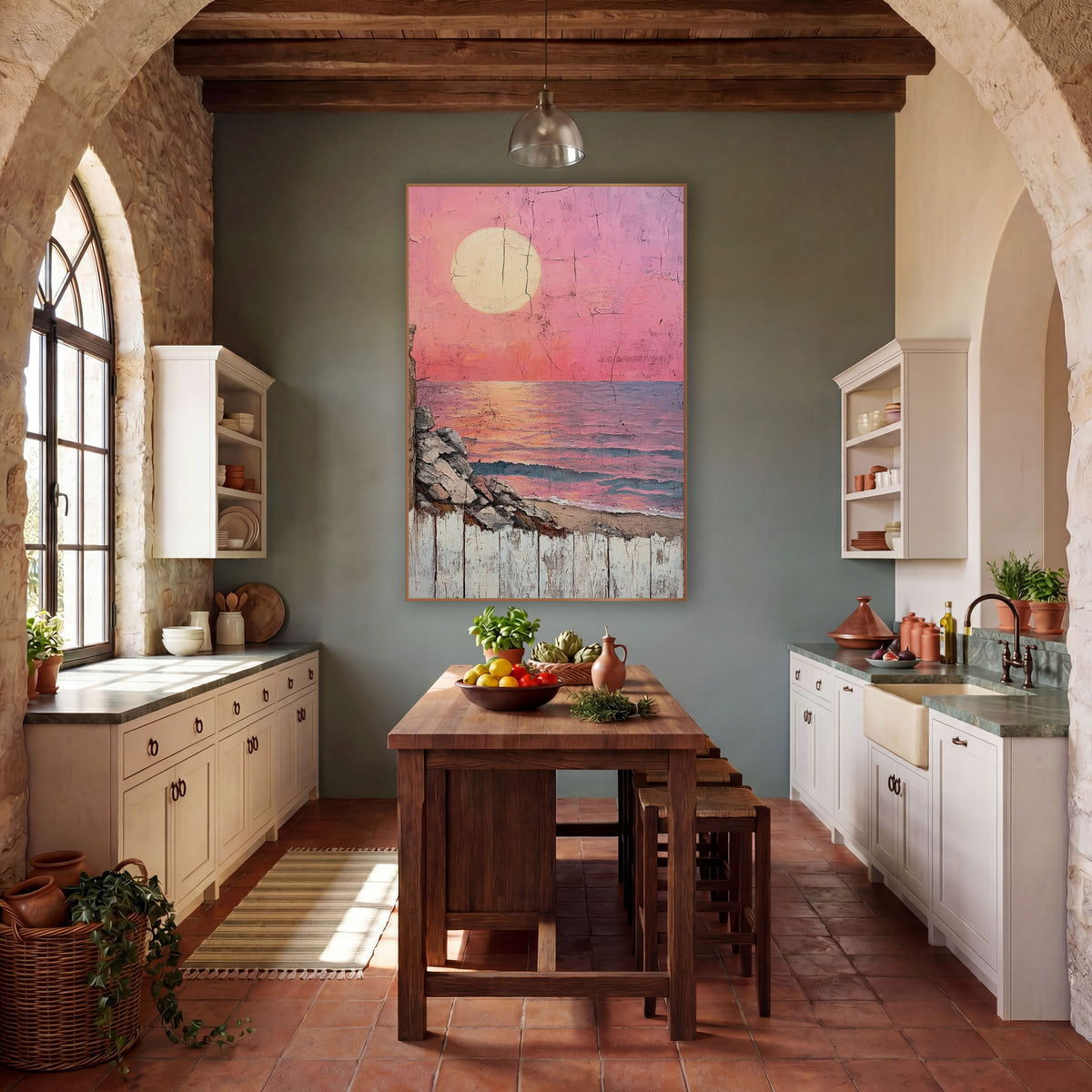 Pink Sun Over Sea Coastal Rustic wall art in a rustic western-style room – large pale sun in a pink sky over a calm