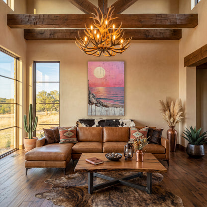 Pink Sun Over Sea Coastal Rustic wall art in a rustic western-style room – large pale sun in a pink sky over a calm