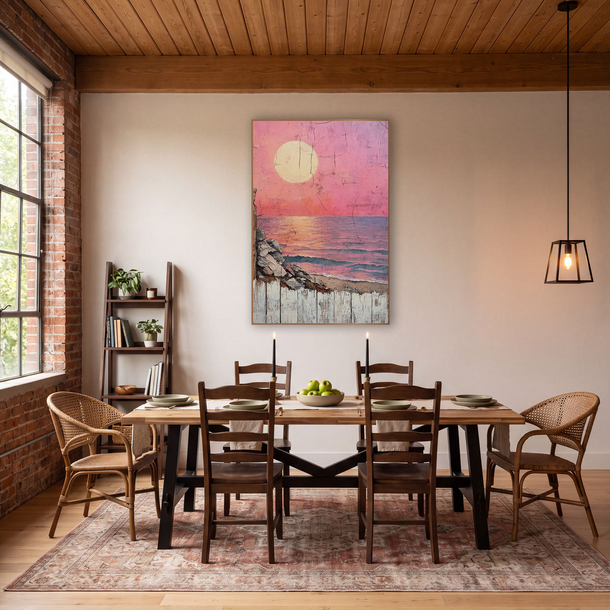 Pink Sun Over Sea Coastal Rustic wall art in a rustic western-style room – large pale sun in a pink sky over a calm