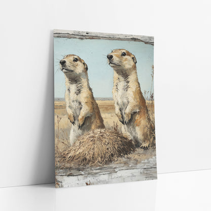 Upright Prairie Dogs Western Landscape art print leaning against a white wall – two prairie dogs standing upright