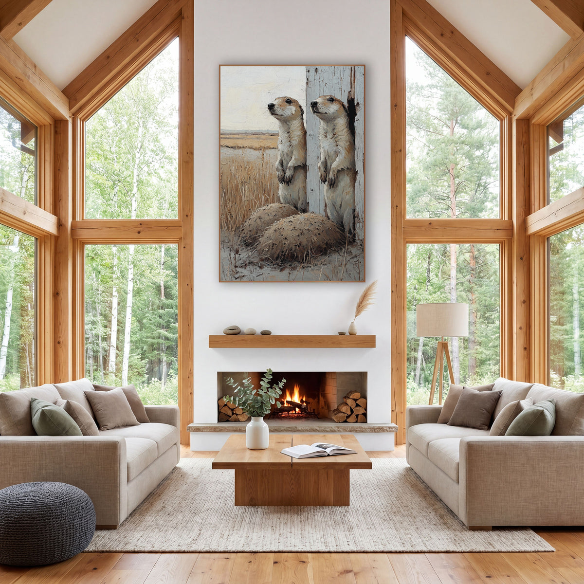 Prairie Dogs Whitewashed Post Rustic wall art in a rustic western-style room – two prairie dogs standing upright