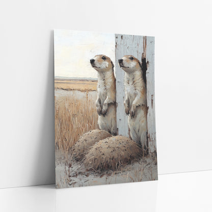 Prairie Dogs Whitewashed Post Rustic art print leaning against a white wall – two prairie dogs standing upright