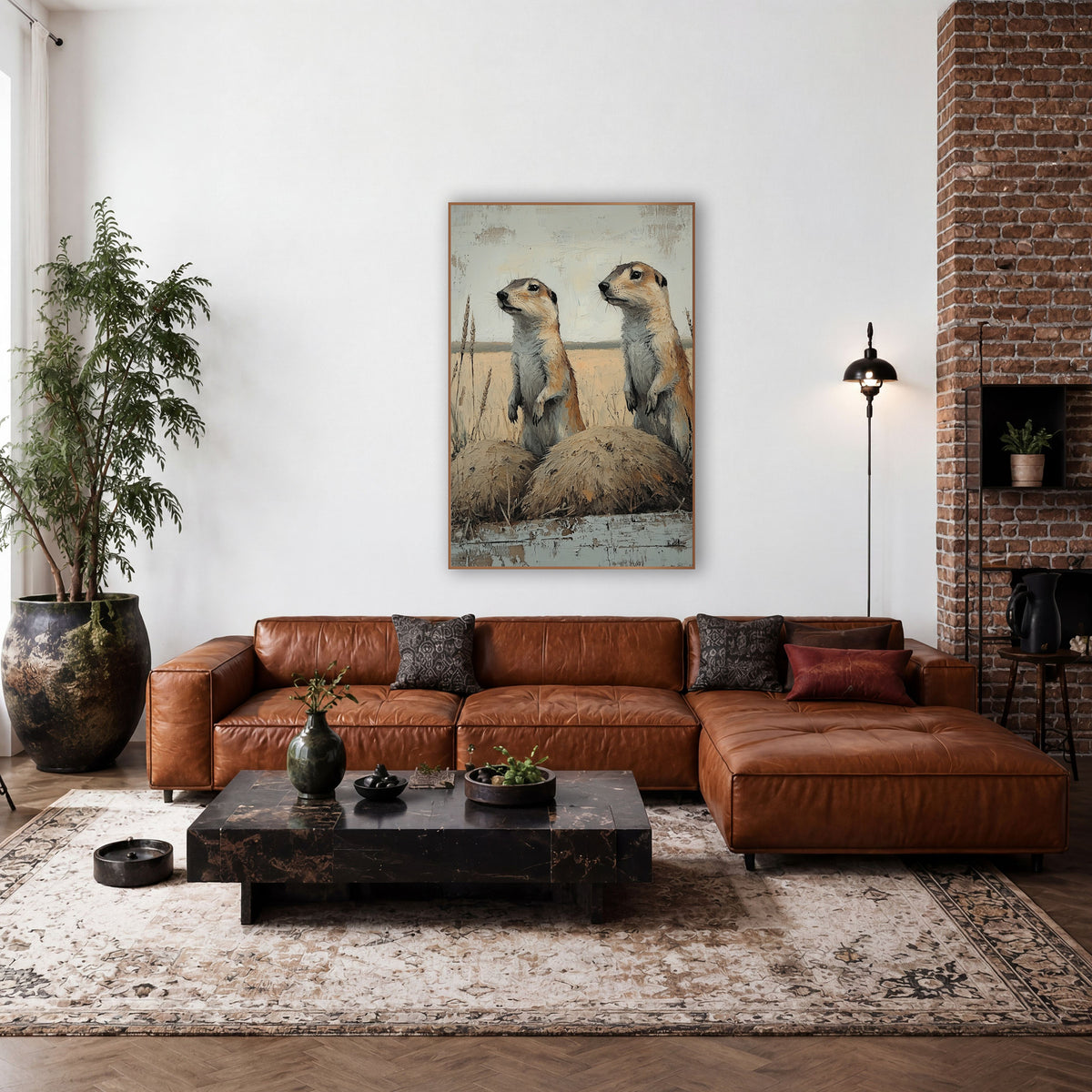 Alert Prairie Dog Pair Western wall art in a rustic western-style room – two prairie dogs standing upright beside dirt