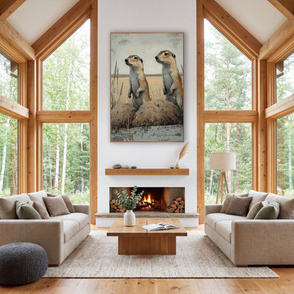 Alert Prairie Dog Pair Western wall art in a rustic western-style room – two prairie dogs standing upright beside dirt