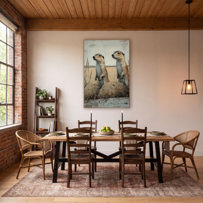 Alert Prairie Dog Pair Western wall art in a rustic western-style room – two prairie dogs standing upright beside dirt