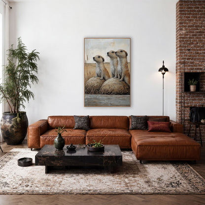 Watchful Prairie Dog Trio Western wall art in a rustic western-style room – three prairie dogs standing upright
