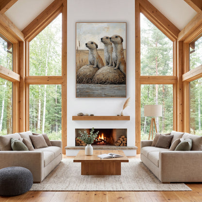 Watchful Prairie Dog Trio Western wall art in a rustic western-style room – three prairie dogs standing upright