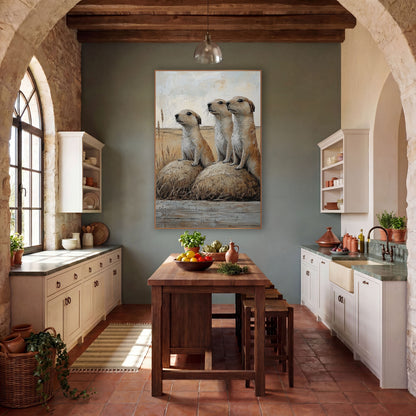 Watchful Prairie Dog Trio Western wall art in a rustic western-style room – three prairie dogs standing upright