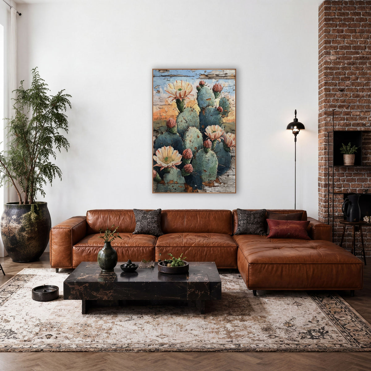 Dusk Cactus Bloom Weathered Planks wall art in a rustic western-style room – prickly pear cactus with peach flowers