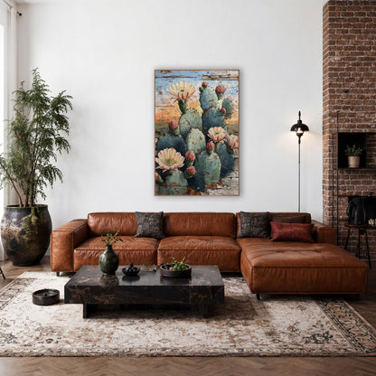 Dusk Cactus Bloom Weathered Planks wall art in a rustic western-style room – prickly pear cactus with peach flowers