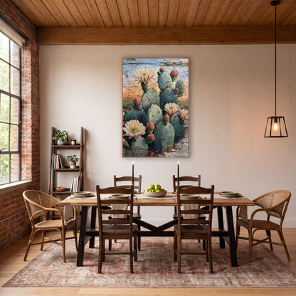 Dusk Cactus Bloom Weathered Planks wall art in a rustic western-style room – prickly pear cactus with peach flowers