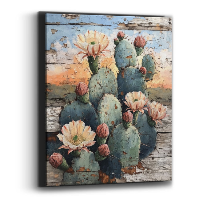 Dusk Cactus Bloom Weathered Planks Canvas Wall Art