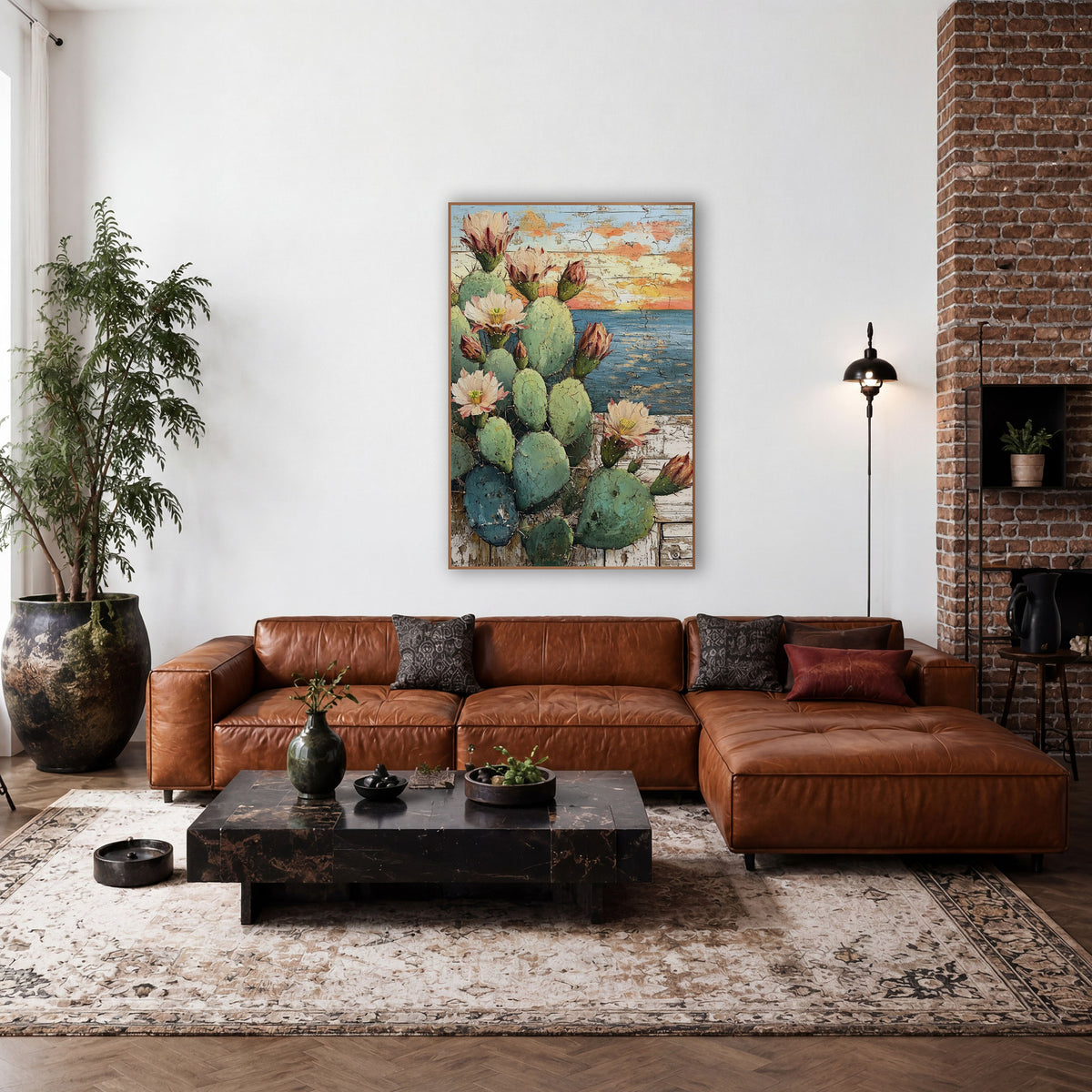 Ocean Sunset Cactus Coastal Western wall art in a rustic western-style room – prickly pear cactus with pink blossoms