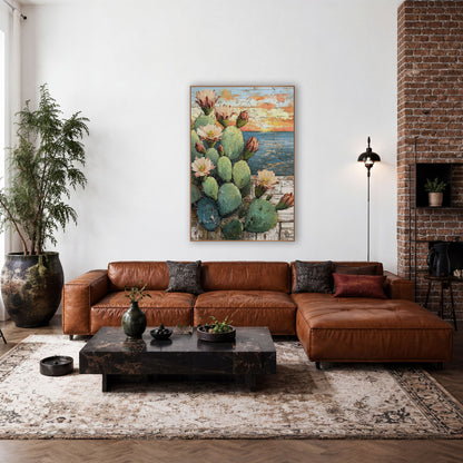 Ocean Sunset Cactus Coastal Western wall art in a rustic western-style room – prickly pear cactus with pink blossoms