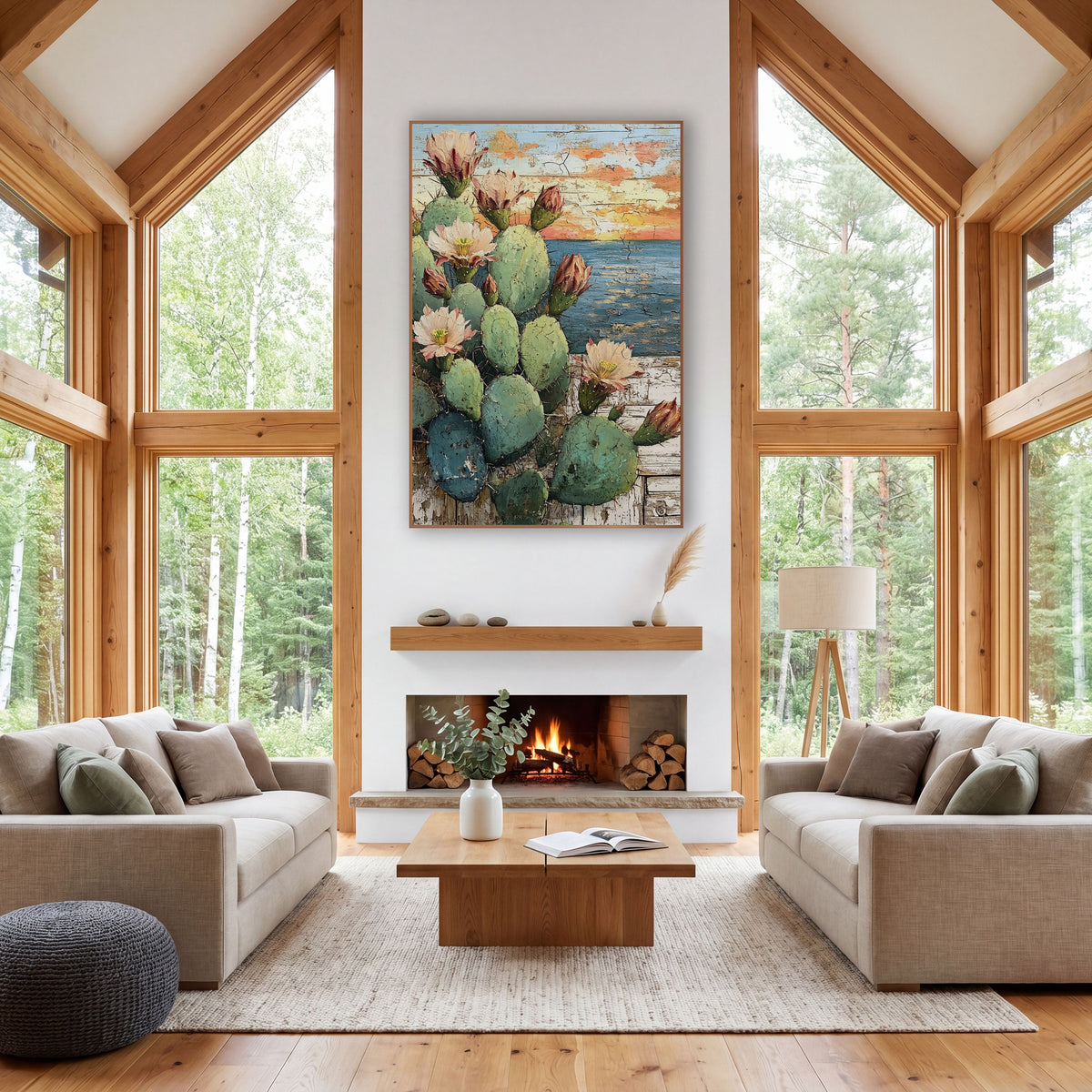 Ocean Sunset Cactus Coastal Western wall art in a rustic western-style room – prickly pear cactus with pink blossoms